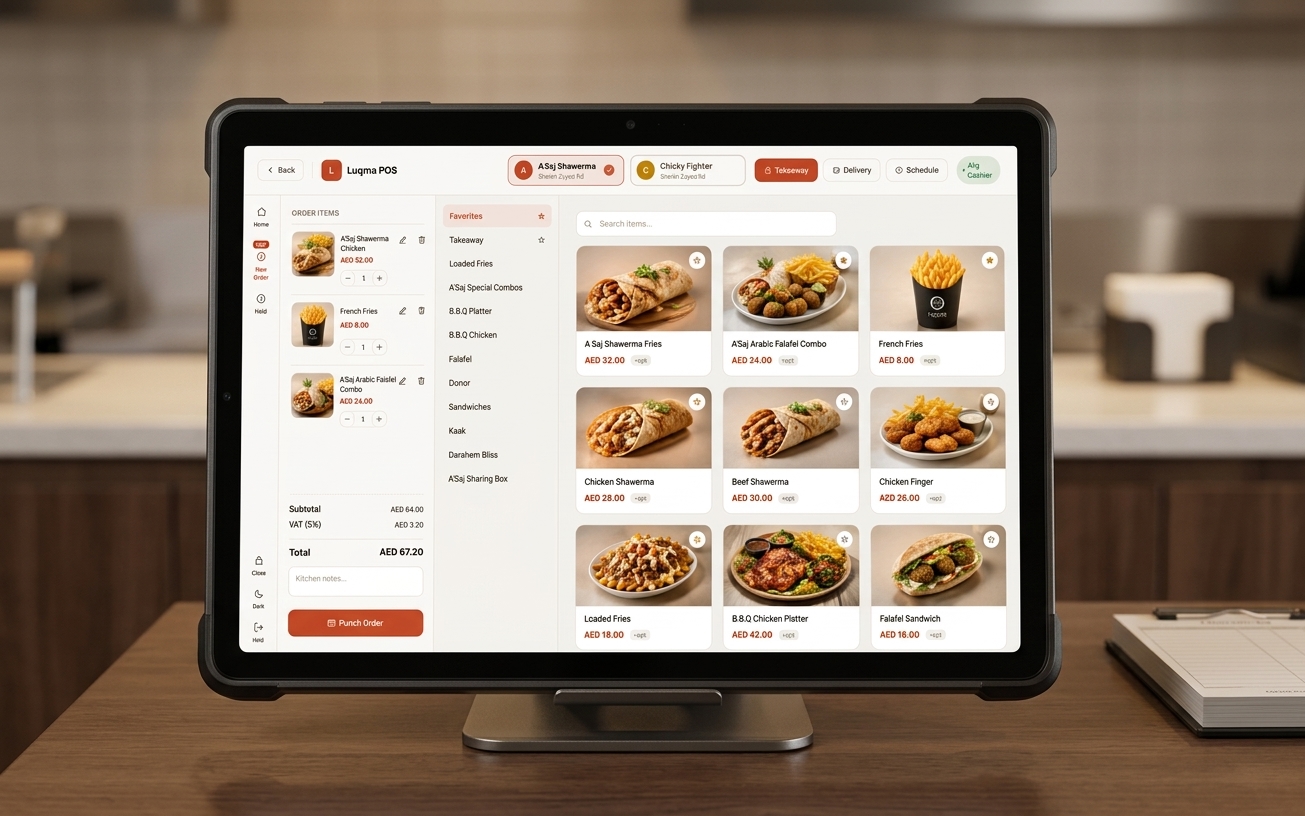 Luqma multi-brand cashier screen in a UAE cloud kitchen, showing brand selector