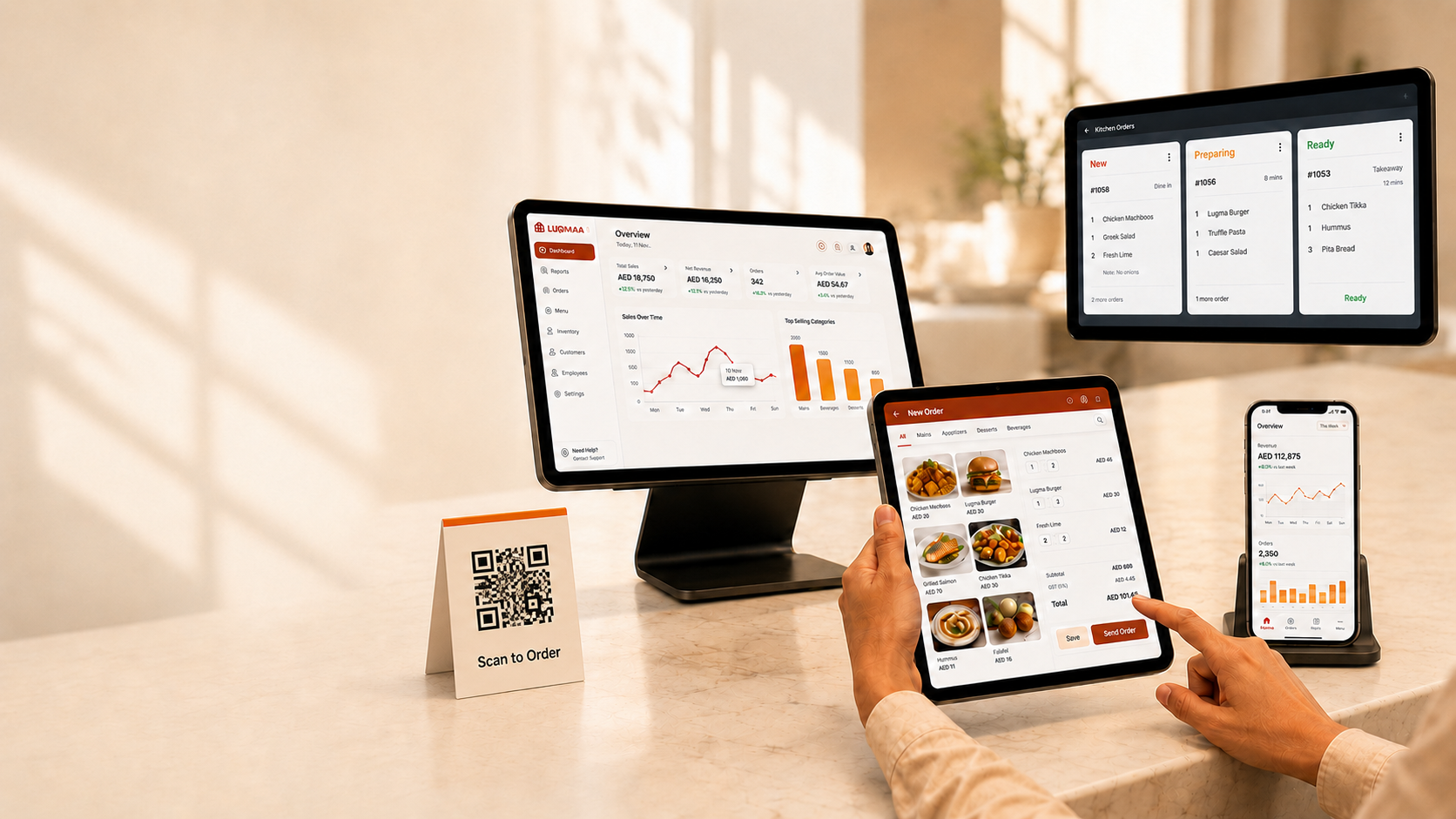 Luqma POS system – monitor, tablet and phone