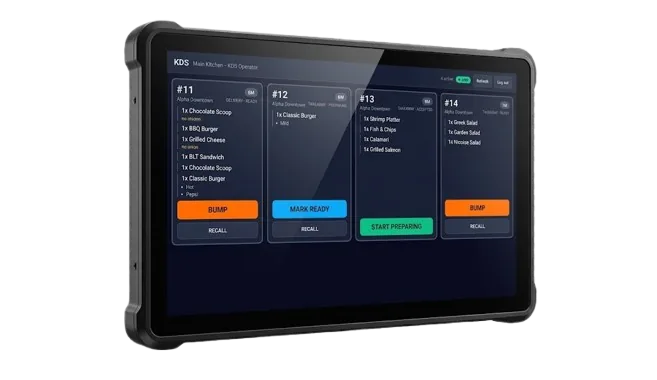 Luqma KDS-PRO R200 kitchen display tablet showing live order tickets at a UAE restaurant station