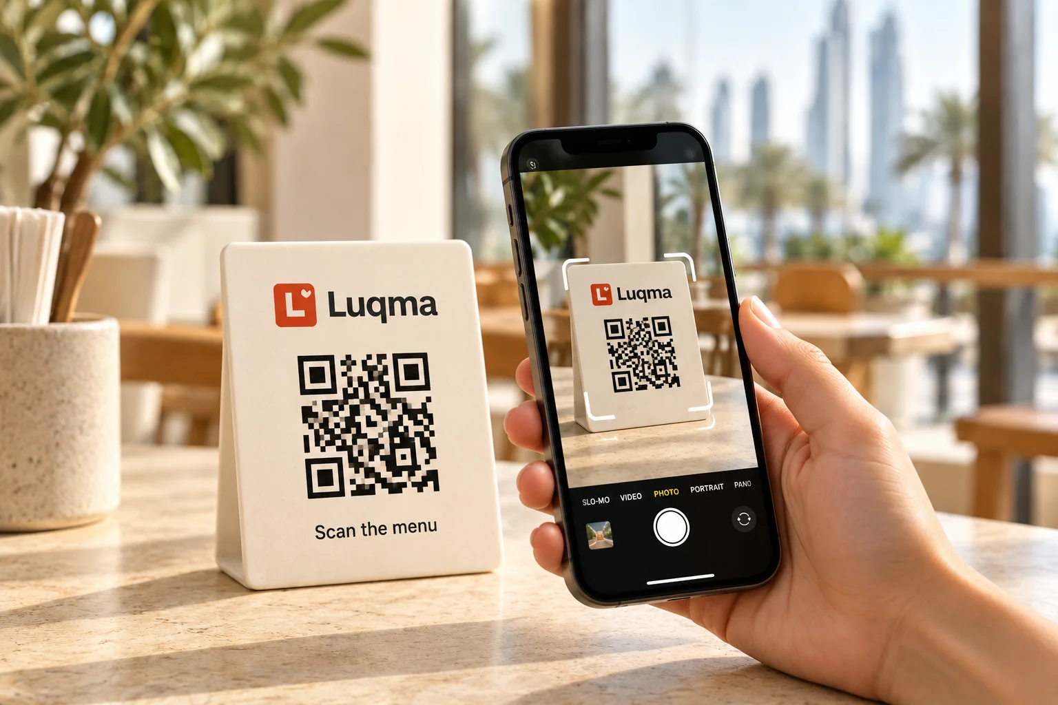 Customer scanning QR code at restaurant table to access the digital menu