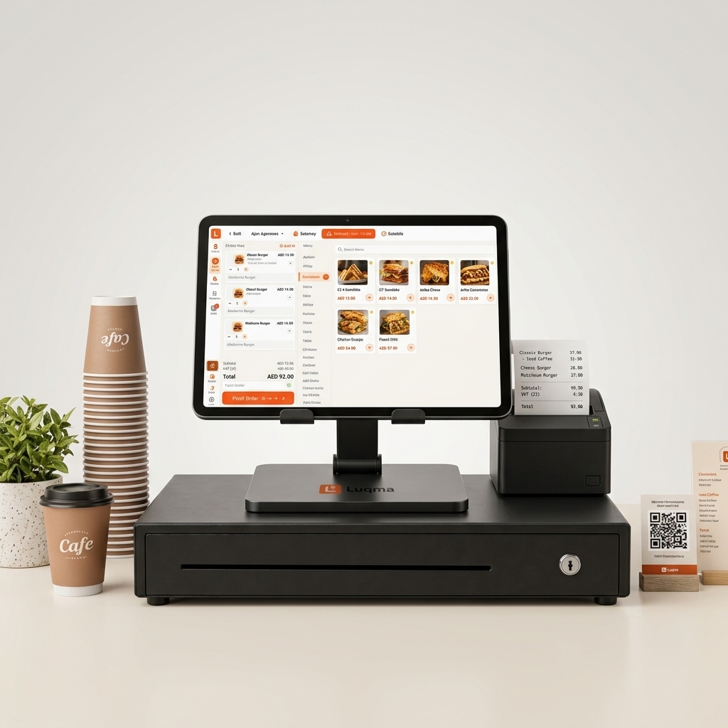 Luqma Café Starter Kit — tablet POS, cash drawer and receipt printer on a café counter