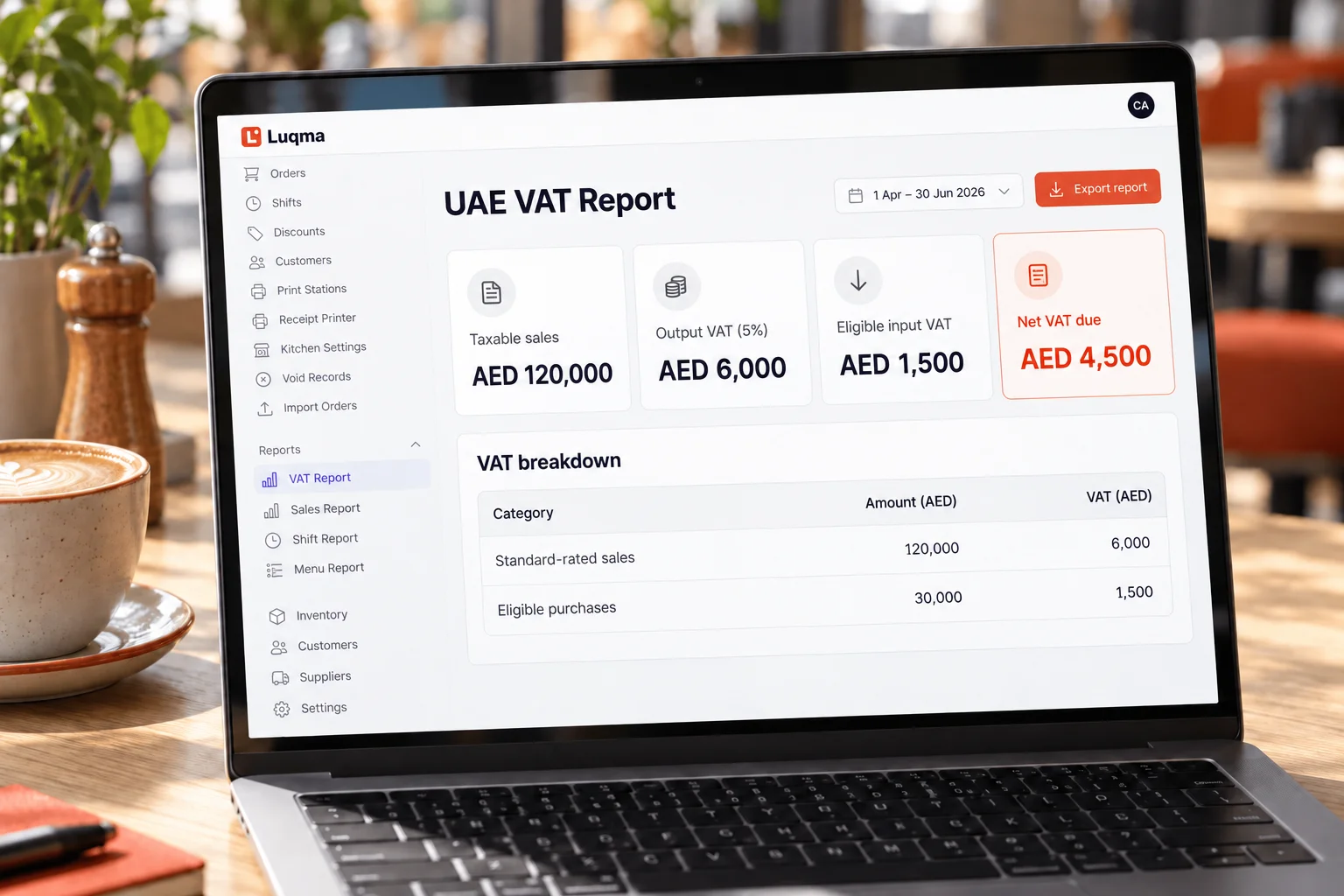 Luqma UAE VAT report — taxable sales, VAT collected and net sales breakdown